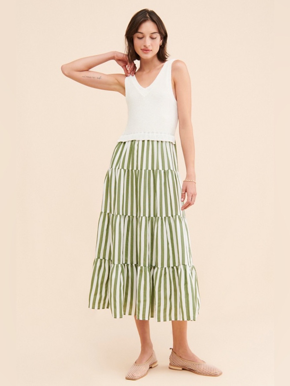 En Saison Cece Mixed Media Midi Knit Green Striped Dress
